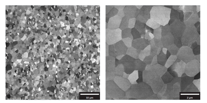 Fig. 1: Channeling contrast of the sample treated by 8 steps of ECAP. Fig. 2: Channeling contrast combined with the sample surface topography information of the sample treated by 8 steps of ECAP. 