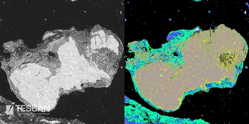 BSE image and a TIMA phase map of metallic grain rimmed by an oxide layer