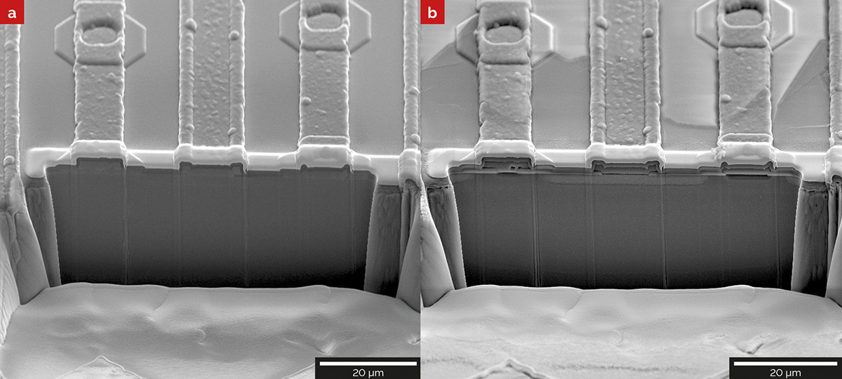 (a) Cross- section before chemical treatment. (b) Crosssection after the etching procedure for the visualization of oxide and diffusion layers.