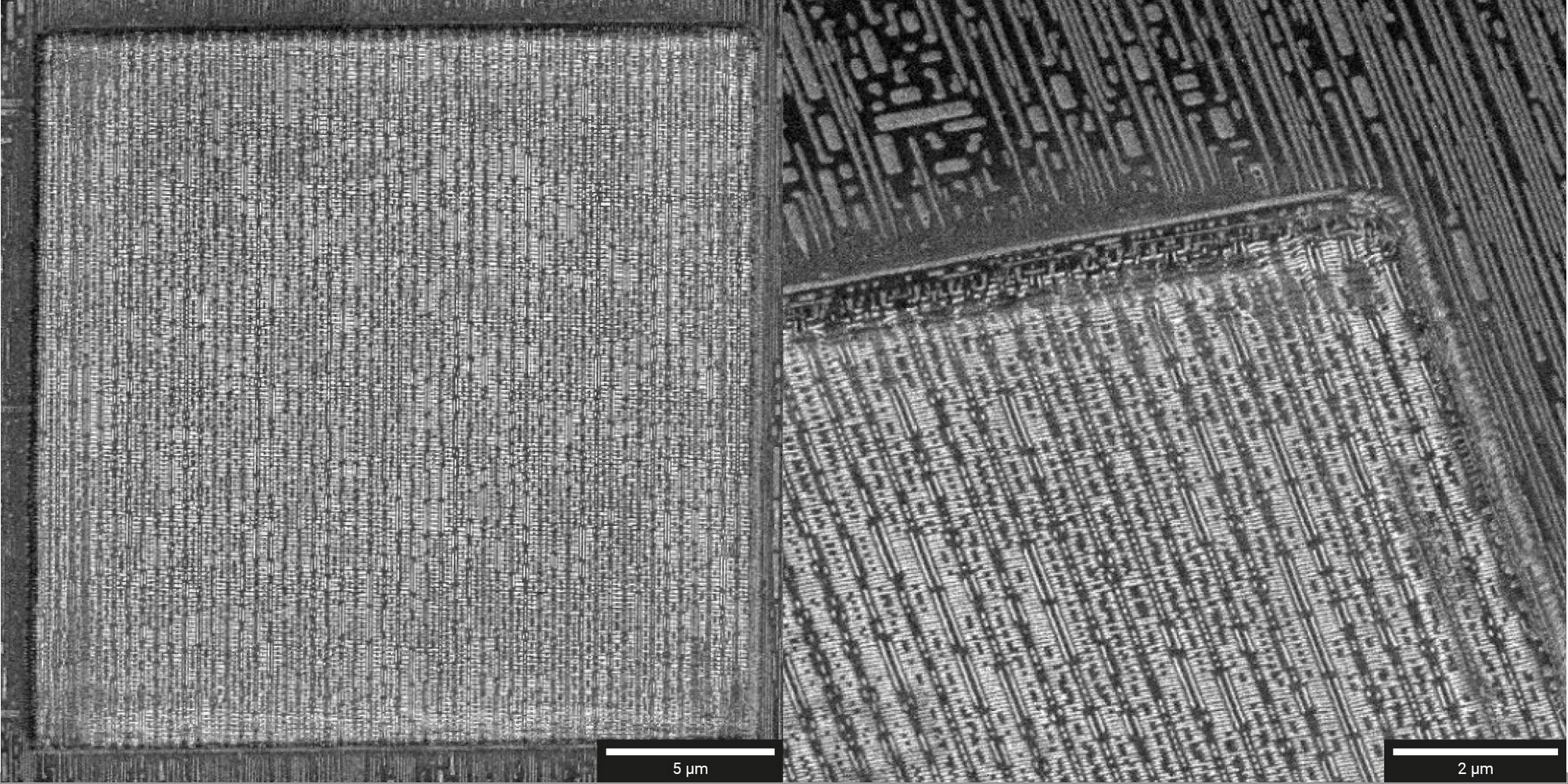 (Left) Overview of delayered area (20 × 20 μm²) down to via contact layer. (Right) Detail showing smooth polished walls.