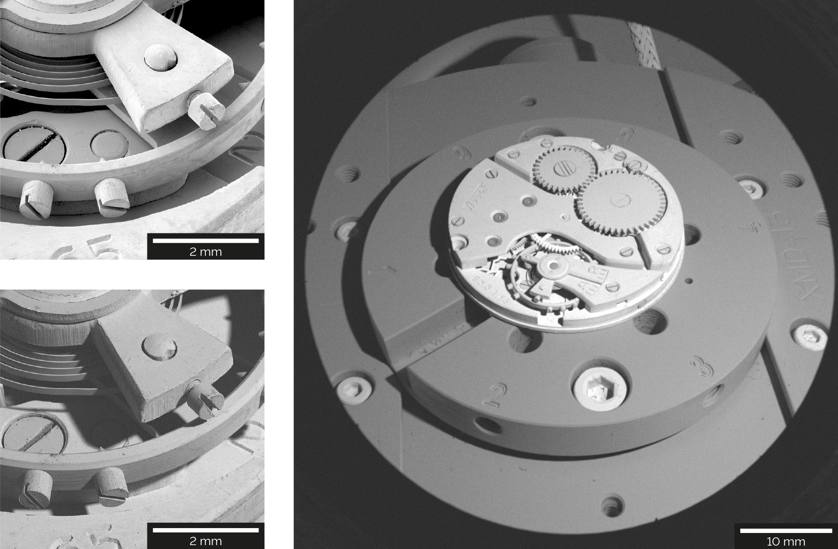 Sample: mechanism of a Swiss watch. Images acquired in the Depth mode with the E-T (top left) and BSE (bottom left) detectors. Image acquired in the Wide Field mode with the BSE detector.