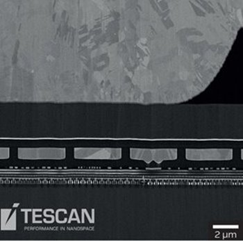 Right corner of the copper pillar. Imaged acquired at 5 keV with the LEBSE detector shows channelling grain contrast on Cu forming the base of the pillar and top metal Al layer.