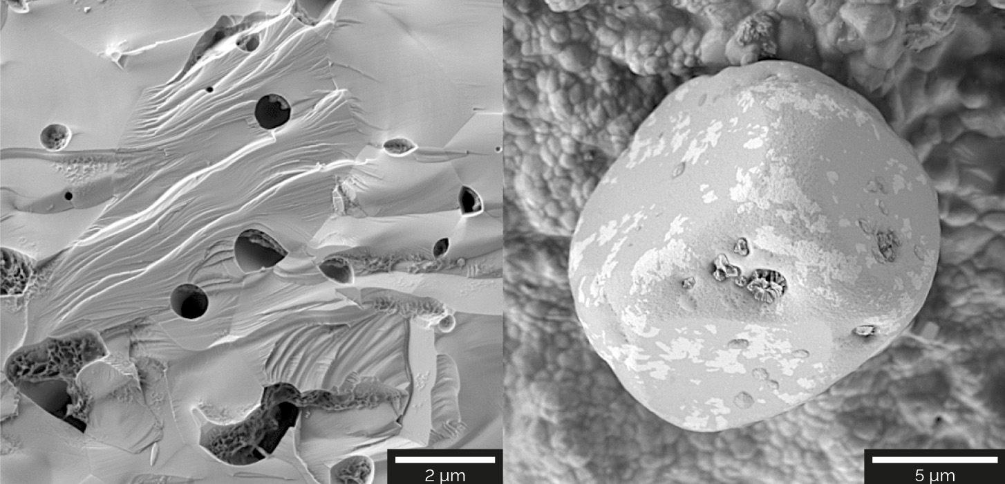 Ceramic samples imaged with the E-T detector for topographic and material contrast. The ceramic sample on the left was imaged at 2 keV. The ceramic sample on the right was imaged at 500 eV for enhanced surface sensitivity.