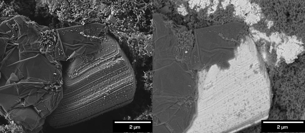 Cathode of a Li-ion battery imaged at 2 keV with the E-T detector (left), and, with the Multidetector with the energy-filtering grid ON to detect BSE signal (right).