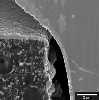 Detail of under-bump metal layers using different detectors for different type of contrasts. In-Beam SE for topographic contrast.