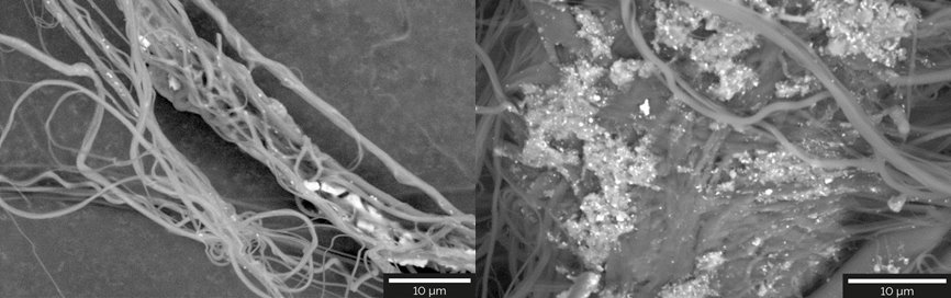 (Left) Silver nanoparticles distribution on the surface of the polyamide nanofibers. (Right) Silver nanoparticles agglomeration between the polyamide nanofibers.