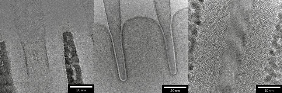 TEM images of thin specimens prepared from a 10 nm node technology-based IC: (left) Gate-cut (center) Fin-cut (right) Cross TEM lamella showing thickness of < 10 nm.