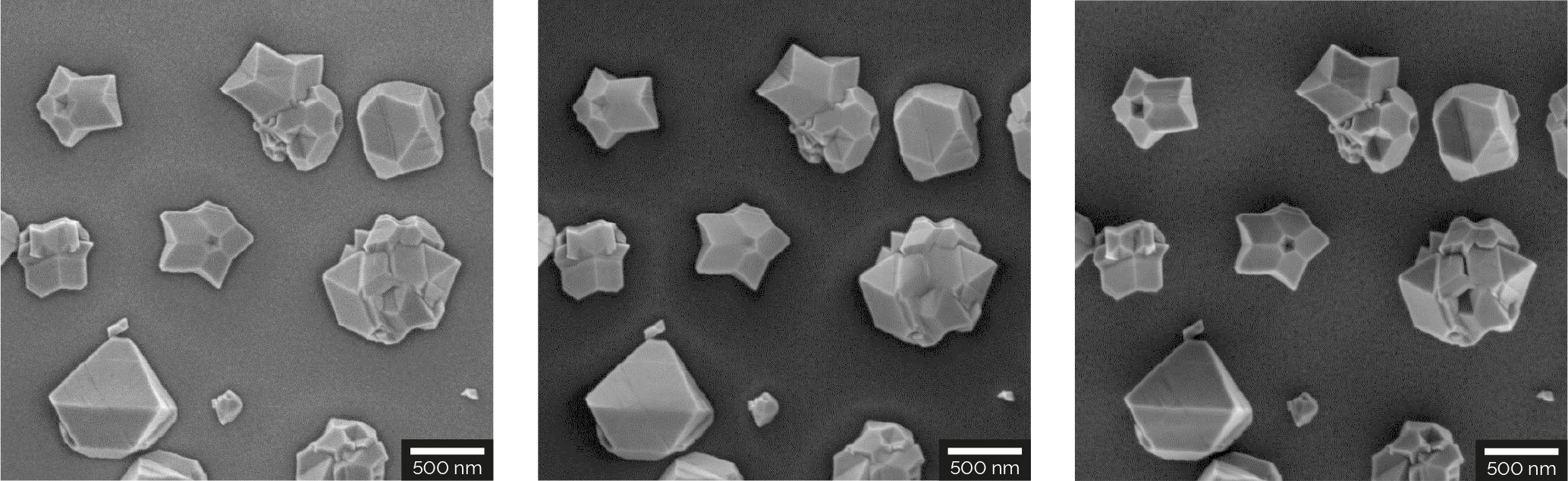 Fault planes and complex geometries of individual particles in nanocrystalline diamonds on Si substrate acquired at 2 keV with the four detectors Multidetector (left), Axial detector (center), E-T detector (right).