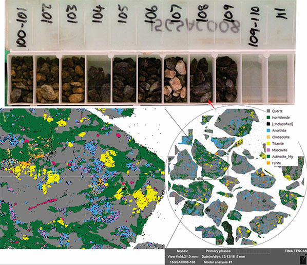 Results from TIMA scan showing identified mineral species and textural relationships (Diagram courtesy of CSIRO)