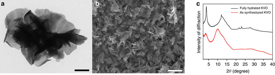 a) TEM image. (b) SEM image of a drop casted coating of nanosheets with a 2μm scale bar. (c) Synchrotron XRD spectra.