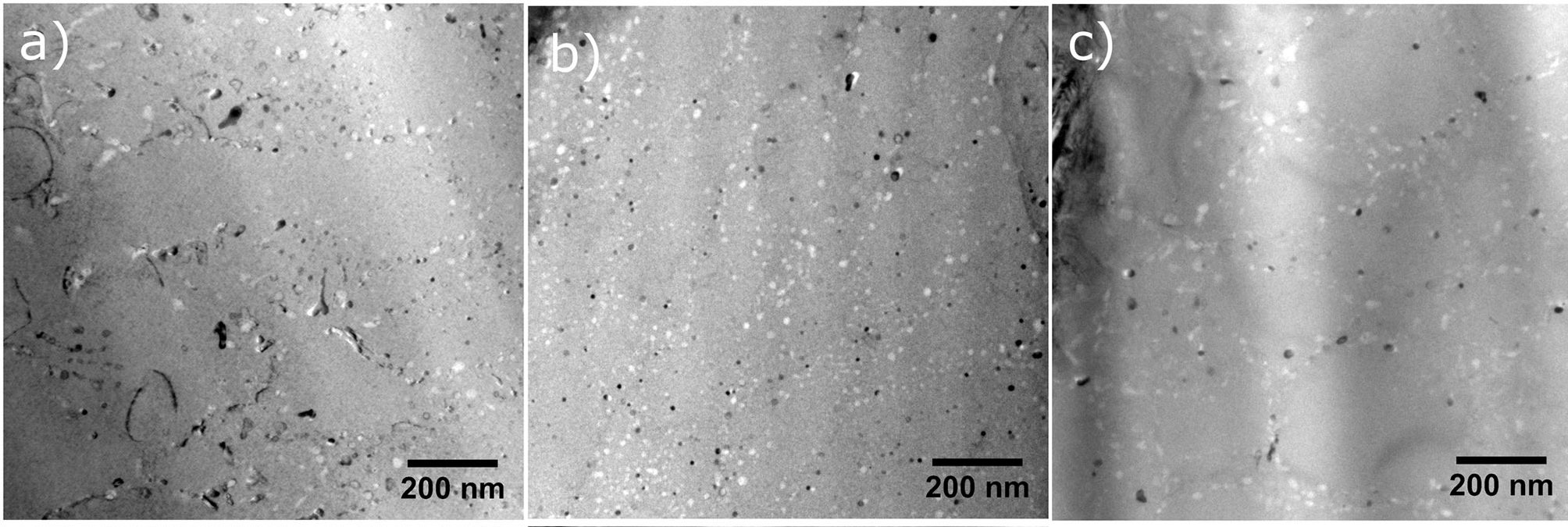 TEM images of the AM fabricated NiTi samples showing subgrain structure and precipitates decorating the subgrains in the (a) 35 µm hatch distance sample taken from the center of the laser track, the 120 µm hatch distance sample taken from (b) the center of the laser track, and (c) the edge of the laser track.