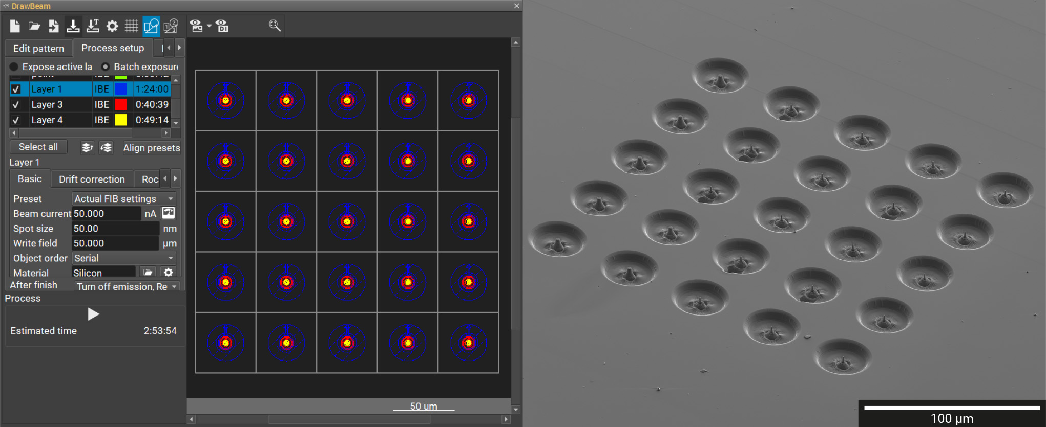 (Left) DrawBeam Advanced interface showing batch-processing of a pillar array. (Right) 5 × 5 array of micro-compression pillars prepared in less than 3 hours