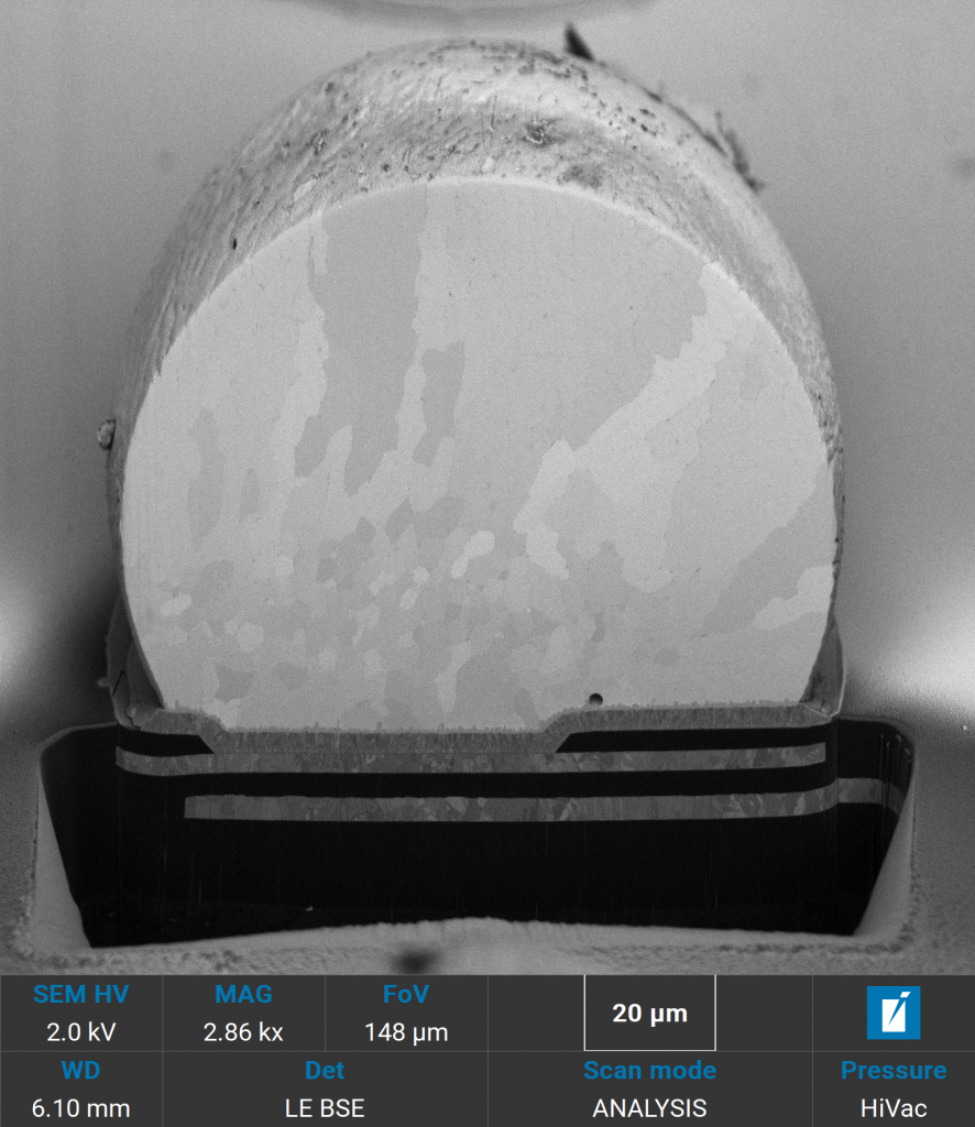 SEM image of solder ball cross-section taken at 2 keV using BSE detector showing excellent material contrast.